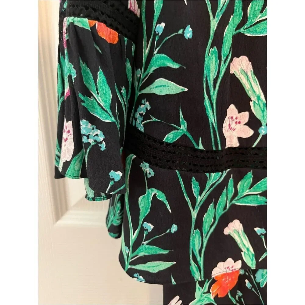 Kate Spade Hummingbird Floral Romper Black Crepe Tassel XS